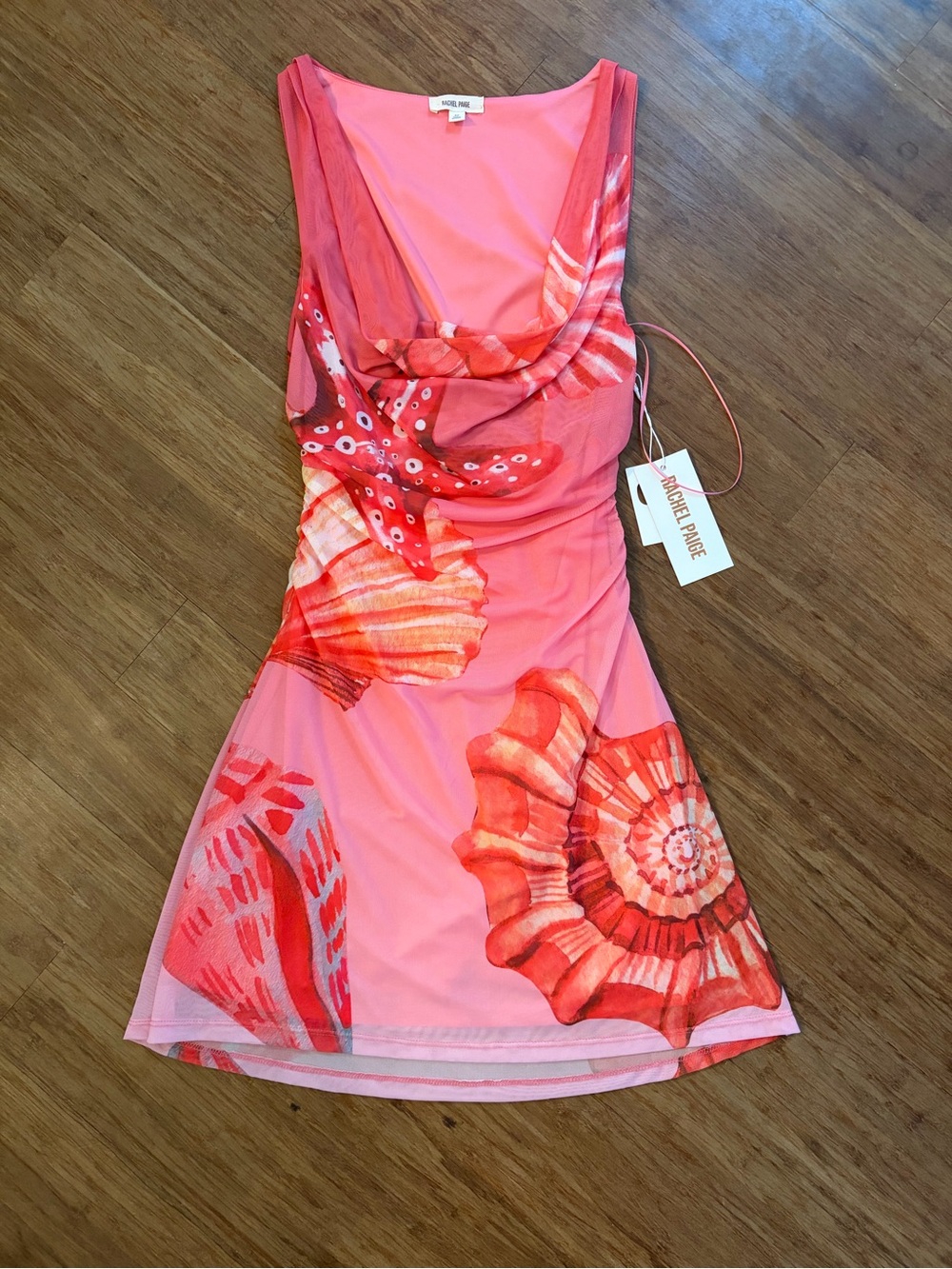 NWT Rachel Paige Pink Seashell Mesh Cowl Neck Ruched Mini Dress Small Beachy